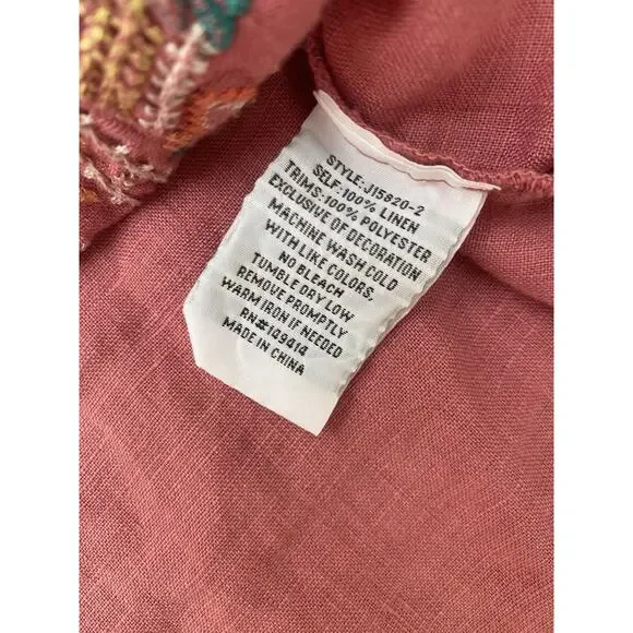 Johnny Was Chandra Pink Linen Peasant Top Blouse XS Embroidered Boho Cottage - Picture 10 of 13